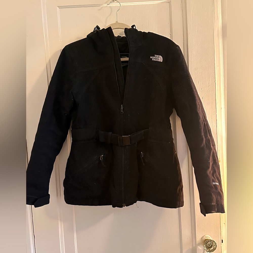 North face black belted winter coat